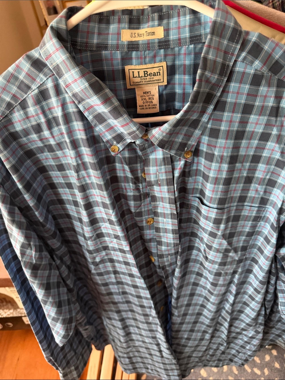 L.L. Bean Men's Light Blue and Navy Plaid Button-Down Shirt